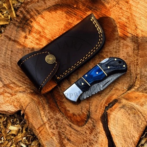 Handmade Damascus Industrial Grade Folding Knife Blue Wood Handle <b>Drop</b> Point Blade 3-Year Warranty Pocket Knife Leather Pouch - Product Image 4