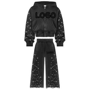 Women's Orange Rhinestone Hooded Tracksuit Full Sleeve Zipper Closure Casual Sweatshirt and Pants Set Loose Fit Autumn Wear - Product Image 3