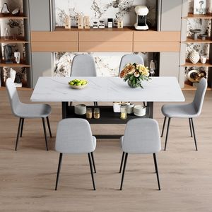 Tavolo da Pranzo Bianco con Venature Intercalate 71*35.4 Pollici con Vano Portaoggetti e Coppia di Sedie - Set Tavolo e Sedie per Sala da Pranzo - Product Image 2