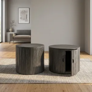 Greyed Teak Wood Coffee <b>Table</b> With Doors Round <b>Rustic</b> <b>Side</b> <b>Table</b> Accent Furniture Living Room Home Interior Decor - Product Image 4
