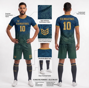 Ensemble de maillots de foot personnalisés sublimés, maillot en tissu quantique, kit de football en mesh aérodynamique, logo réfléchissant, chaussettes techniques, OEM - Product Image 2