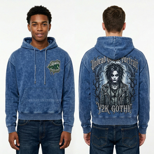 Sudadera con capucha azul con lavado ácido, detalles de pedrería, gráfico de retrato gótico Y2K, para hombre, oversize, estilo vintage, lavado a la piedra, streetwear - Product Image 1