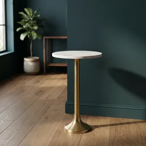 Table d'appoint moderne avec plateau rond en marbre et base en métal décorative en forme de feuille, meuble d'appoint de luxe pour la décoration du salon et de la chambre - Product Image 3