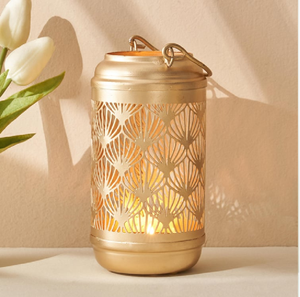 Radiant golden Moroccan style metal <b>lantern</b> with glowing geometric cutout panels., available at wholesale prices. - Product Image 6