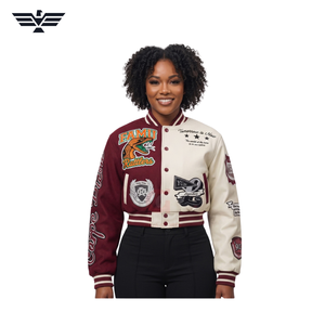 Blouson universitaire unisexe en cuir PU color block avec patch brodé, style motard et baseball, à bouton unique, épais, hiver, vintage - Product Image 3