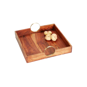 Plateau à Dessert de forme carrée le plus vendu dans des ustensiles de cuisine en bois plateau de service à thé et café avec poignées en métal - Product Image 1