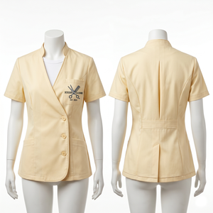 Chaqueta de Barbería para Mujer, 220 GSM, Sarga de Polialgodón, Color Crema Beige, Diseño de Paneles, Logotipo Personalizado con Serigrafía y Bordado, Ropa de Salón - Product Image 1