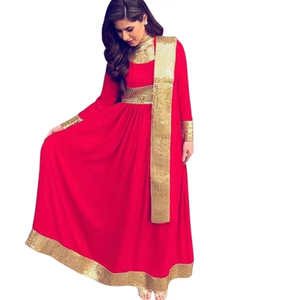 Elegant Modern <b>Red</b> Anarkali Gown Featuring Shiny Gold <b>Sequin</b> Borders Thick Metallic Waistband Sleeve Cuffs And Matching - Product Image 1