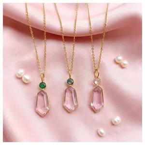 สร้อยคอจี้หินควอตซ์สีชมพูธรรมชาติประดับเพชรคิวบิกเซอร์โคเนียสำหรับผู้หญิง สายทองเหลืองชุบทองคำแท้ ดีไซน์สวยหรู - Product Image 2