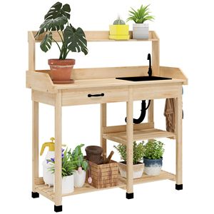 Tavolo da Giardino per Giardinaggio con Lavello Rimovibile, Rubinetto, Cassetti, Ripiani e Ganci - Stazione di Lavoro in Legno Naturale - Product Image 1