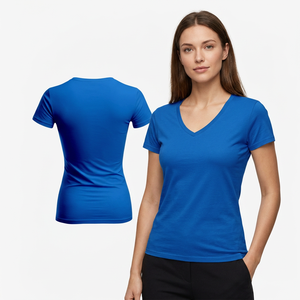 T-shirt décontracté pour femme, col en V, manches courtes, coupe classique, bleu uni, tricoté, longueur normale, toutes saisons, 100% coton - Product Image 4