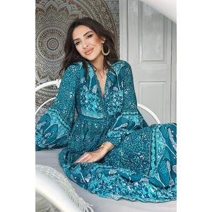 Robe longue bohème florale turquoise pour femme, coupe ample, manches longues, imprimé vintage, pour plage, soirée, streetwear, naturelle, écologique, teinte unie - Product Image 2