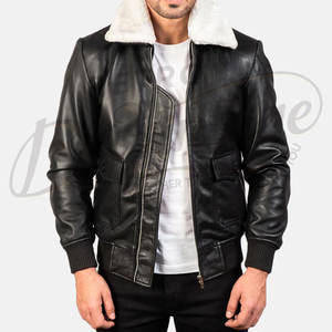 Chaqueta Bomber de Cuero Negra Premium para Hombre con Cuello de Piel Sintética Blanca, Chaqueta de Piloto Cálida para Invierno, Corte Ajustado - Product Image 6
