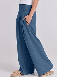 Women High Waist Wide Leg Pants Solid Color Pleated Loose Fit Elastic Waist Casual Summer Full Length Crepe Trousers - Product Image 3