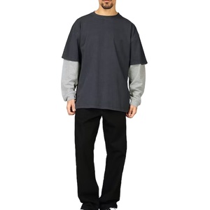 Design graphique personnalisé dtg imprimé Double couche t-shirt tee goutte épaule hommes boxy Double couche à manches longues t-shirt 300gsm - Product Image 1