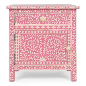 Mesita de noche con incrustaciones de hueso, diseño geométrico de estrellas azules, 1 cajón, 2 puertas, mueble auxiliar para dormitorio, decoración de muebles de hotel - Product Image 5