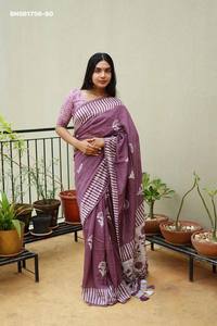 Premium Quality Pure Chanderi Cotton with Hand-Block Battik Print Saree-<b>Spray</b> with Block Print Blouse <b>Set</b> Indian Exporter - Product Image 2