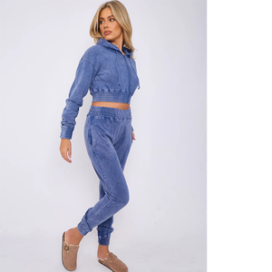 Ensemble de survêtement vintage deux pièces pour femme, coupe courte, en coton délavé à l'acide, avec fermeture éclair, motif uni, hauts courts pour l'hiver - Product Image 1