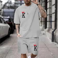 Ensemble deux pièces de t-shirts de sport pour hommes, couleur unie, tricoté, décontracté, col rond, personnalisable avec logo - Product Image 2