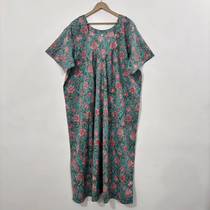 Vestido Kaftán de Algodón Indio con Cuello en V, Estilo Boho, Hecho a Mano con Estampado de Bloques, Manga Murciélago, Borde en Contraste, Corte Acampanado de Verano para Mujer - Product Image 1