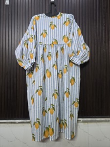 Gray Striped <b>Lemon</b> Print Cotton <b>Dress</b> Three Quarter Sleeve Length Soft Breathable Club <b>Dress</b> - Product Image 2