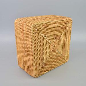 Metal Frame Woven Rattan Asian Zen Round Adjustable Tabletop LED Display Screen <b>Makeup</b> and Small Item Storage <b>Box</b> - Product Image 2