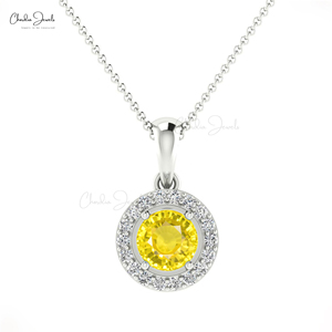Handcrafted 14K <b>Solid</b> <b>Gold</b> Gemstone Necklace 0.23CTW Natural Yellow Sapphire Halo Diamond <b>Pendant</b> Chordia Jewels Christian - Product Image 2