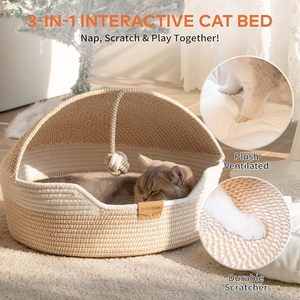 Lit en forme de panier pour chat d'intérieur, lit pour animaux de compagnie recouvert d'un coussin lavable et d'une corde en coton, pour chat de taille moyenne à grande, universel toutes saisons - Product Image 4