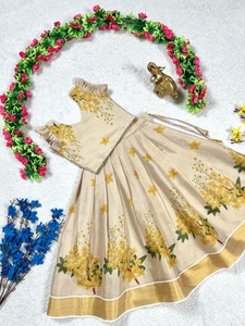 Elegant Look <b>Tissue</b> Silk with Printed Flower & Broad Golden Zari Border Pattu Pavadai Manufacturer from India At Wholesale Rate - Product Image 5
