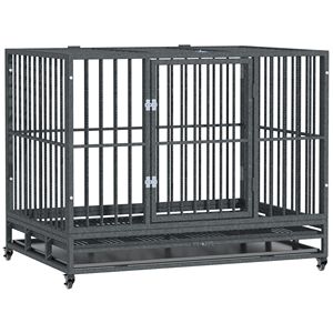 Gabbia per Cani Robusta a Doppia Porta 42 Pollici in Metallo Grigio con Vassoio Rimovibile e Ruote - Product Image 1