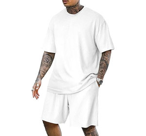 Mens solid color crew neck Casual <b>knitted</b> summer outfit Pink 100% cotton t-shirt Shorts <b>set</b> for men's gym - Product Image 4