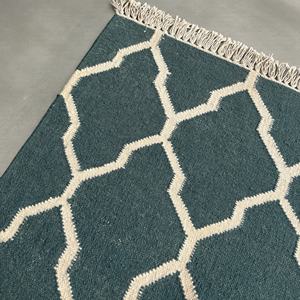 Tapis en laine tissé plat géométrique moderne, motif treillis Ogee, vert sarcelle et blanc, Kilim contemporain réversible, vert chasseur, tapis d'appoint écologique - Product Image 4