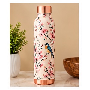 ขวดน้ำทองแดงลายดอกไม้สีชมพู ลายดอกไม้และนก แก้วน้ำพกพาสำหรับเดินทาง - Product Image 1