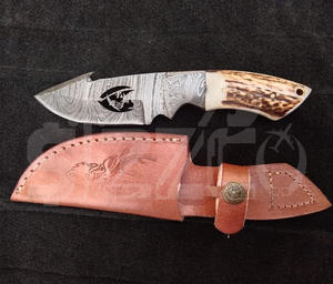 Couteau de chasse OEM Wirecut en acier Damas, couteau à dépecer, lame fixe avec manche en bois de cerf, couteau de camping et d'extérieur EDC avec étui en cuir - Product Image 6