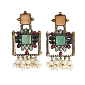 Pendientes Colgantes Cuadrados de Latón Oxidado con Baño de Oro Antiguo de Dos Tonos y Engaste de Bisel, Estilo Bohemia, Modelo Monalisa, Regalo para Mujer, de Rajastán - Product Image 1