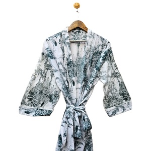 Kimono léger en coton biologique écologique pour femmes, bloc de main imprimé, vêtements d'été, décoration perlée, taille naturelle douce - Product Image 5