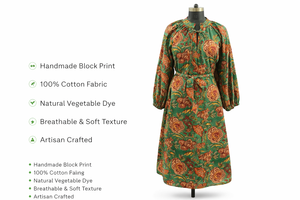 เดรสยาวลายดอกไม้ แขนยาว คอตั้ง ผ้าฝ้าย ลายบล็อกพิมพ์มือ ชุดลำลองสำหรับผู้หญิง มีกระเป๋าข้าง สายรัดเอว - Product Image 6