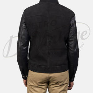 Blouson aviateur en cuir véritable noir pour homme avec poignets côtelés rayés et fermeture éclair - Product Image 2
