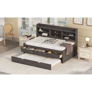 Cama individual de madera estilo capitán en gris antiguo con estanterías integradas y tres cajones de almacenamiento, incluye cama nido. - Product Image 6