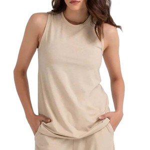 Women's Beige O-Neck Knitted Tank <b>Top</b> Solid Color Breathable Cotton Sleeveless <b>Top</b> Regular Length - Product Image 3