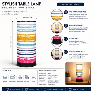Lámpara de Mesa LED Multicolor a Rayas, Moderna Lámpara de Noche para Mesita de Noche, Lámpara de Escritorio Decorativa de Tela para Dormitorio, Sala de Estar, Oficina, Hogar - Product Image 5
