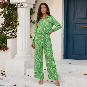 Ensemble chemisier et pantalon pour femme, coupe ample, élégant, décontracté, à manches longues, à rayures feuilles, nouvelle collection printemps-été - Product Image 2