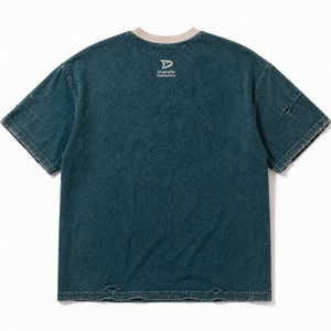 Y2K Pixel <b>Flame</b> High Street T-<b>Shirt</b> Deep Teal Acid Wash Oversized Silk Screen Printed Streetwear with Distressed Vintage Cotton - Product Image 4