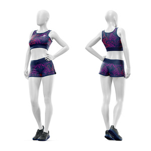 Ensemble de vêtements de yoga et de sport personnalisé en 2 pièces, haut court à col rond, short taille haute, imprimé géométrique, spandex, polyester, logo imprimé sur le devant - Product Image 1