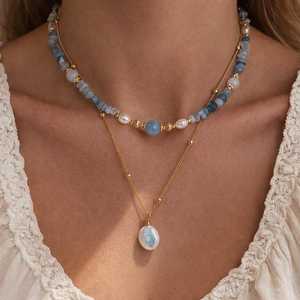 Aquamarine Beaded <b>Necklace</b> With Freshwater Pearl 22K Gold Plated Layered Blue Gemstone Minimalist <b>Necklace</b> - Product Image 5