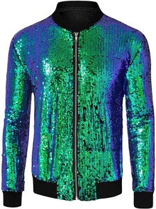 Women's Reverse Work <b>Sequin</b> Bomber <b>Jacket</b> Green Purple Zip Up Casual Party <b>Jacket</b> - Product Image 4