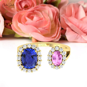 Anillo de Oro Sólido de 14K con Tanzanita Genuina de 8x6mm y Zafiro Rosa con Halo, Anillo de Compromiso de Lujo con Piedras Preciosas para Mujer, Chordia Jewels - Product Image 6