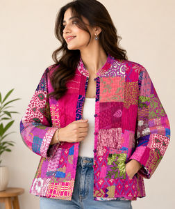 Nivisaa Indian Handmade Reversible Patchwork Kantha Quilted Wool Jacket Boho Streetwear <b>Coat</b> Womens Winter Vintage Puff Sleeve - Product Image 1