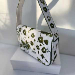 Rectangular Glass Beads Handbag Blue Fish Embroidery (Polyester) Textile <b>Foundation</b> Fabric White Base Washable - Product Image 2
