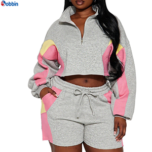 Conjunto Deportivo Casual de 2 Piezas con Contraste de Color Estilo Hip Hop, Sudadera de Manga Larga con Media Cremallera y Pantalones Cortos, Ropa Deportiva Urbana para Mujer - Product Image 5